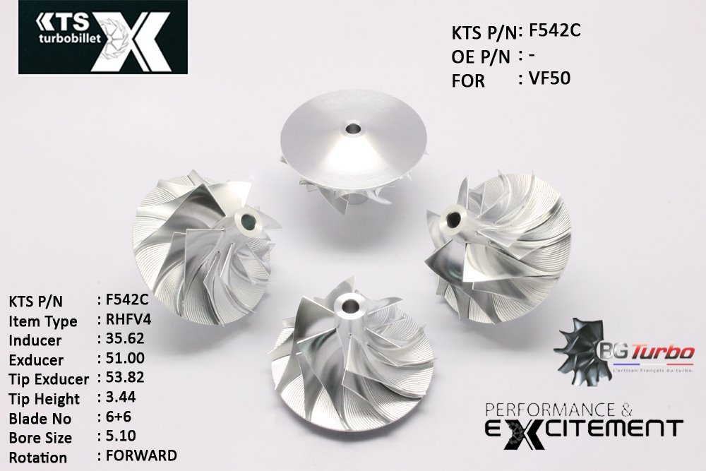 Turbo ROUE FORGÉE MFS PERFORMANCE - 6+6 PALES - INDUCER : 35,62 - EXDUCER : 51 - TYPE : RHFV4ANGLE : 70° - ROTATION : Forward - SUPER BACK : 3,85 - BORE SIZE : 5,1
